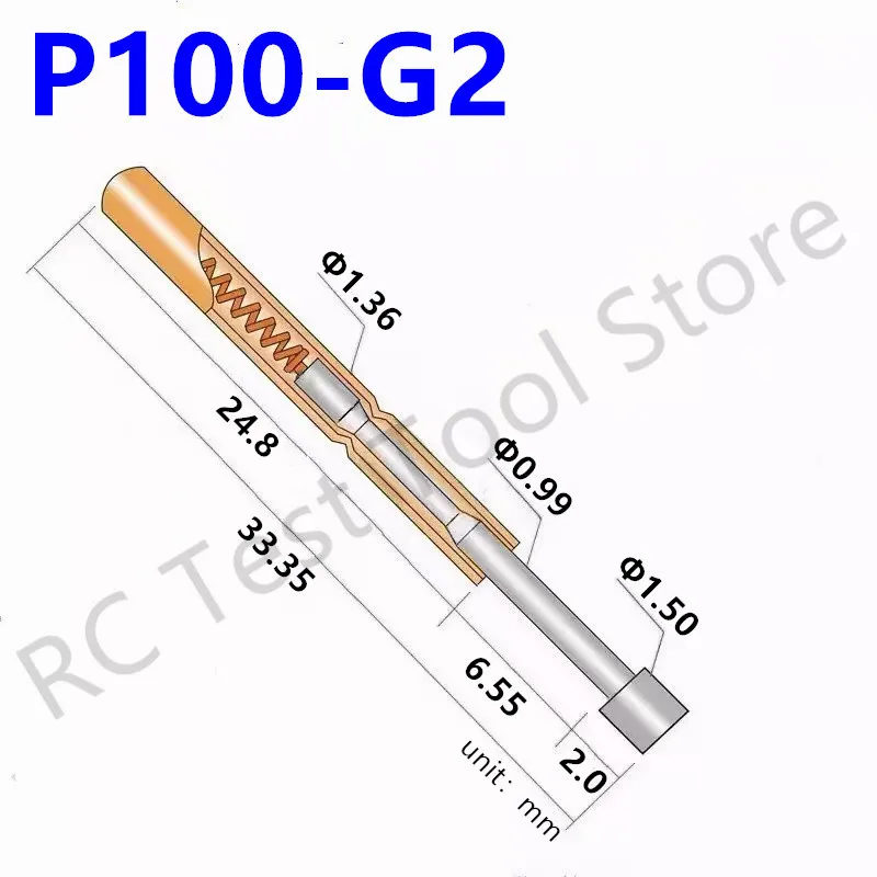 

100PCS P100-G2 Spring Test Probe Pogo Pin Spring Test Pin Length 33.35mm Needle Dia 1.36mm Test Probe Head Dia 1.50mm P100-G