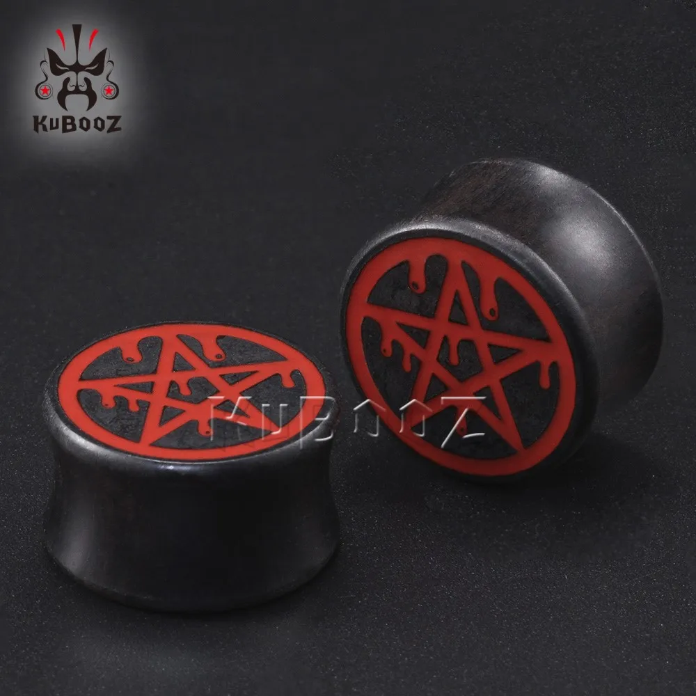 KUBOOZ Fashion Wood Red Pentagram Ear Tunnels Gauges Expanders Plugs Piercing Body Jewelry Earring Stretcher 2PCS