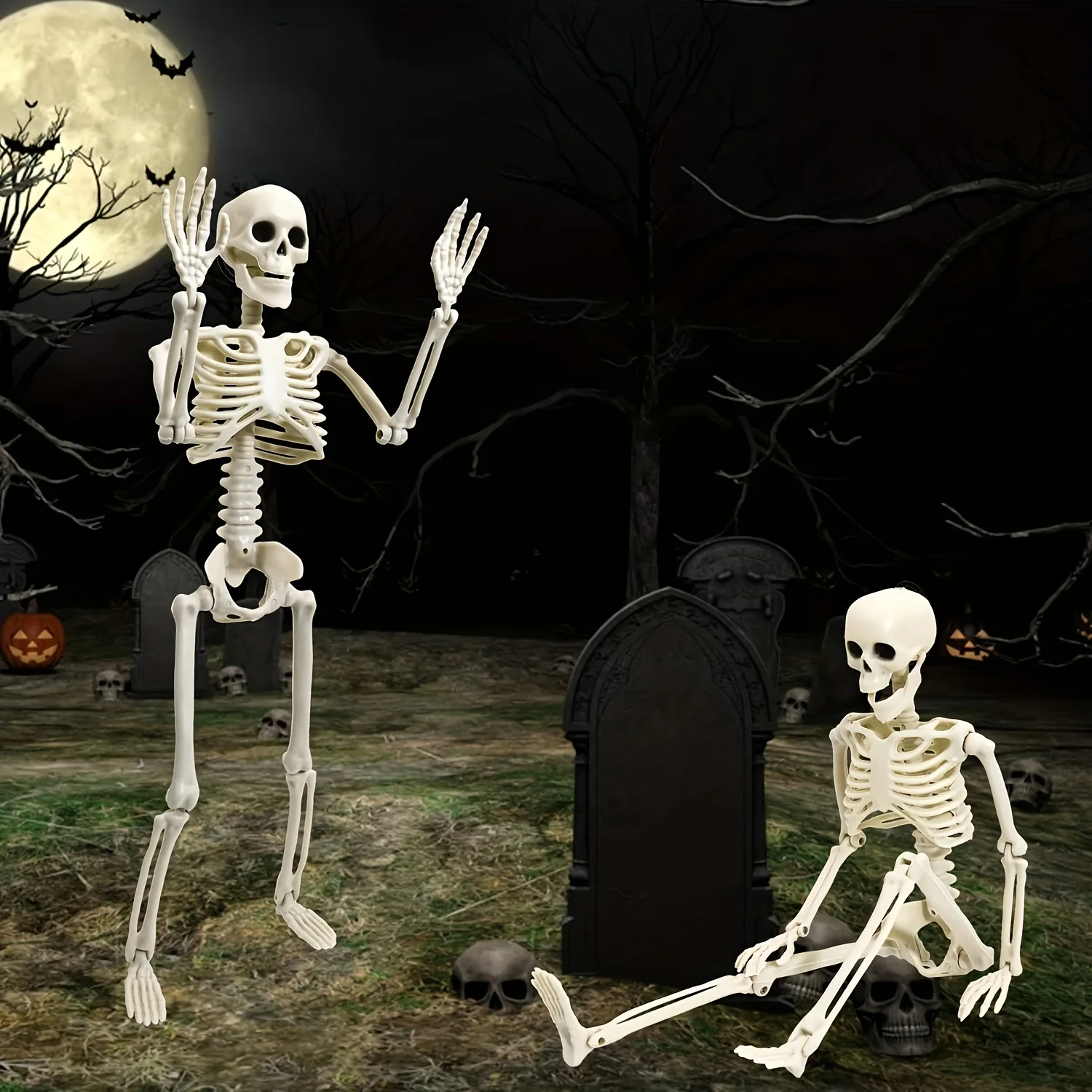 Bewegliches Ganzkörper-Skelett als Halloween-Dekoration, Hängender Totenkopf aus Kunststoff mit beweglichen Gelenken für Spukhaus-Partys – Detail 4