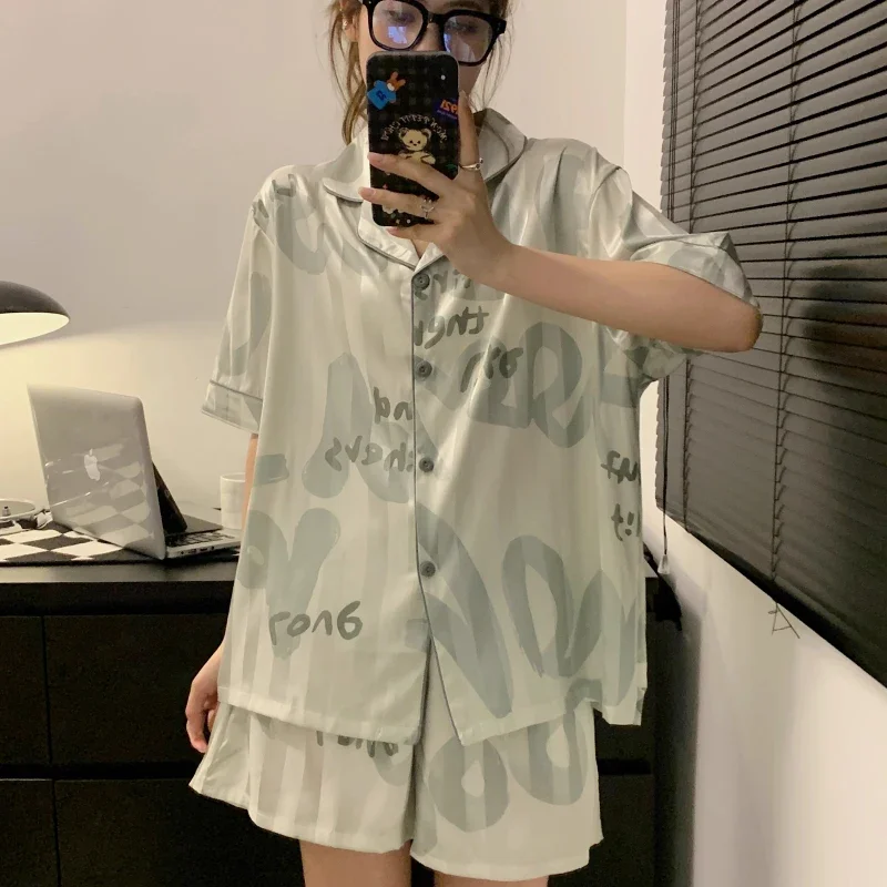 

Faux Silk Pajama Sets Women Summer Cool Sweet Sleepwear Soft Comfortable Short Sleeve Loungewear Tender Girlish Cozy Homewear