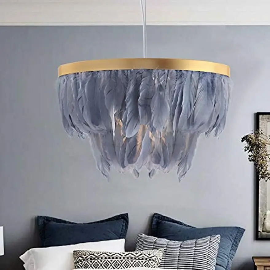 European Style Chandelier with Gray Feather Single Light Metal LED Pendant Lighting Modern Ceiling Hanging Light