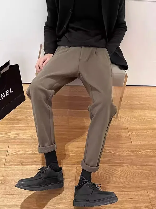 

Мужские осенне-зимние утепленные повседневные шерстяные брюки прямого кроя, облегающие, комфортные, с хорошей драпировкой