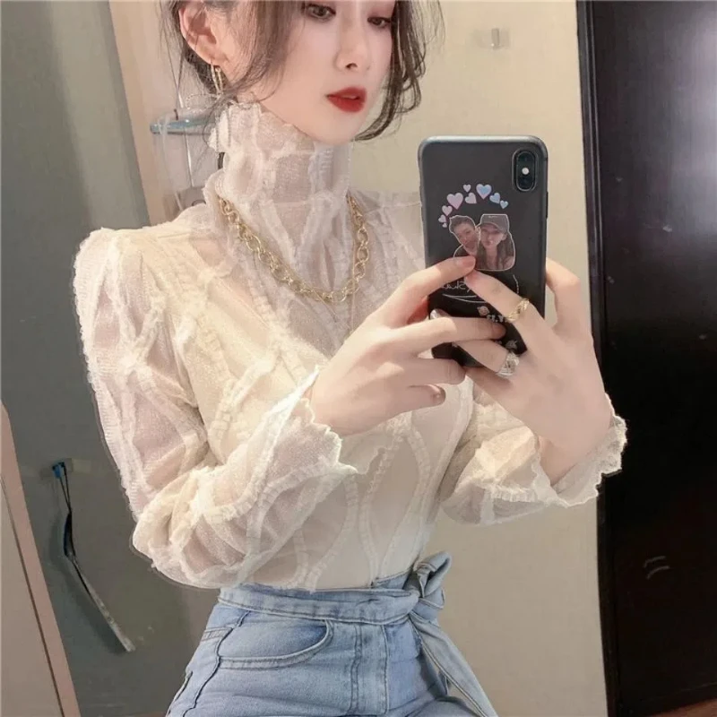 Spring Autumn Elegant Lace Hollow Out Design Slim Bottoming Shirt New Mesh Half High Neck Fit Sexy Tops Curled Edge Pullovers