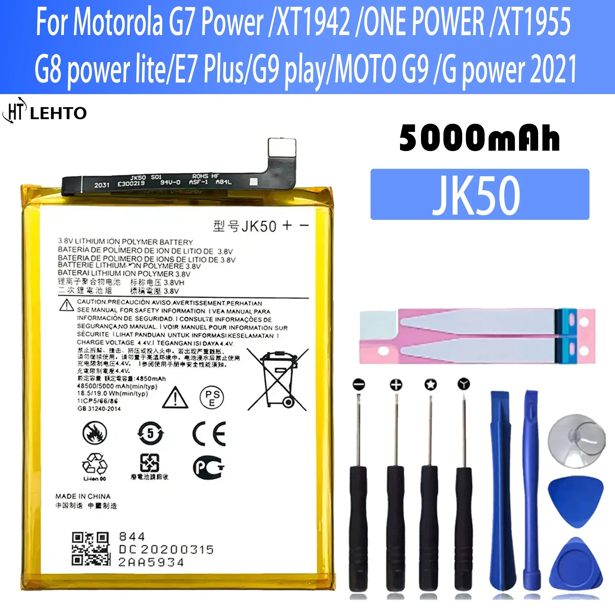 Bateria de Alta Capacidade para Motorola E7 Power, Substituição do Telefone com Ferramentas, JK50, 5000mAh, G30, E40, G20, G31, 100%