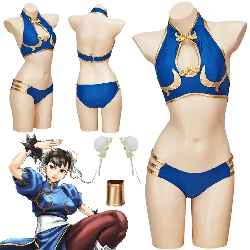 

FC6Elastic Li cosplay fantasy sexy bikini swimsuit set anime Fighter game SF costume disguise summer swimwear beach wear ba@FC8！