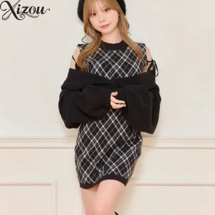 Autumn Winter Elegant Sets Japanese Style Sweet Cross-Border Knit Suit Cover-Up + Slim Fit Knitted Dress Set for Women