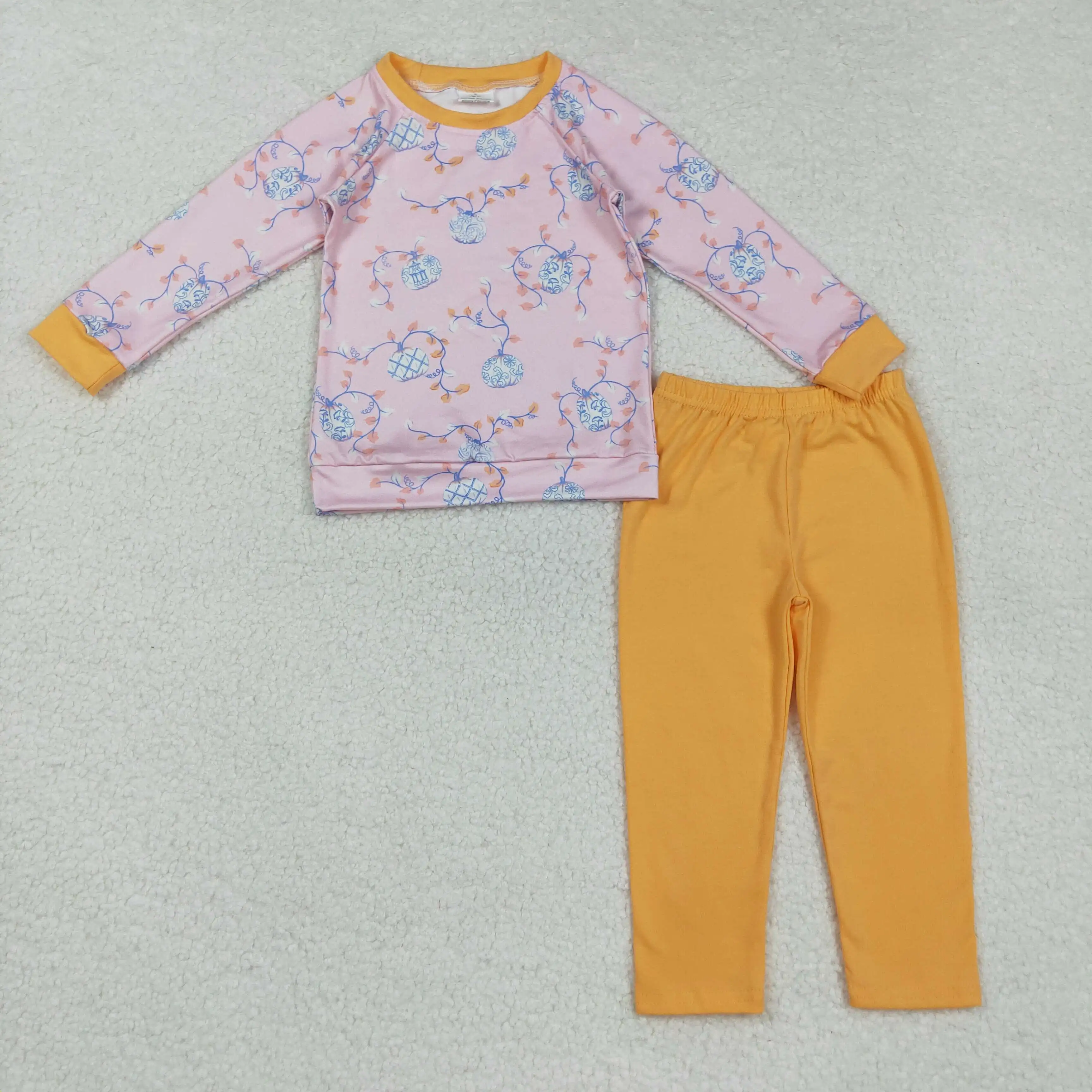 

8.25y Long sleeve orange pants suit Thanksgiving new girls clothing wholesale boutique pumpkin leaf