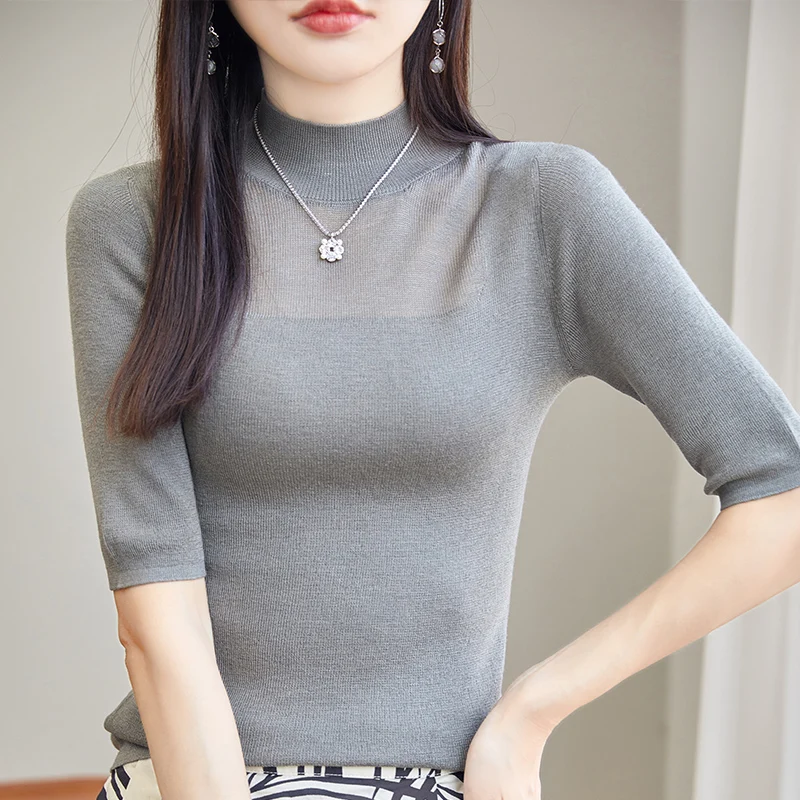 Hot Sale Superfine Wool Women\'s Sweaters And Pullovers 2024 Spring Female O-Neck Elastic Clothing Short Sleeve Soft Jumper Top