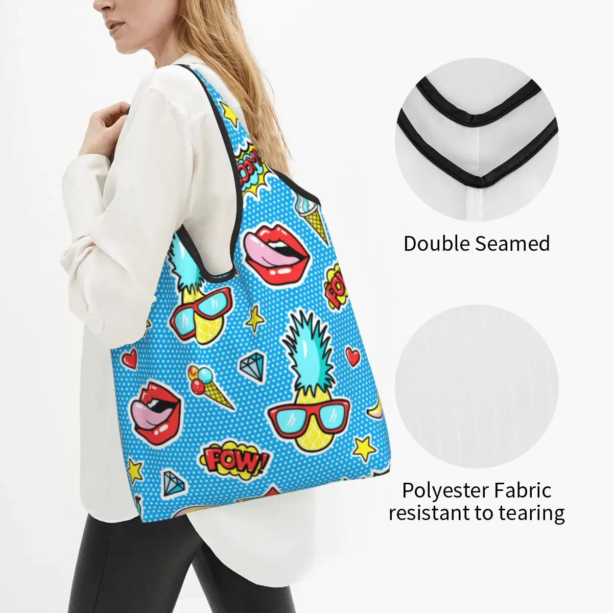 Fashion Patch Badges Pineapple Lips Grocery Bag Durable Large Reusable Recycle Foldable Shopping Eco Bag Washable Lightweight