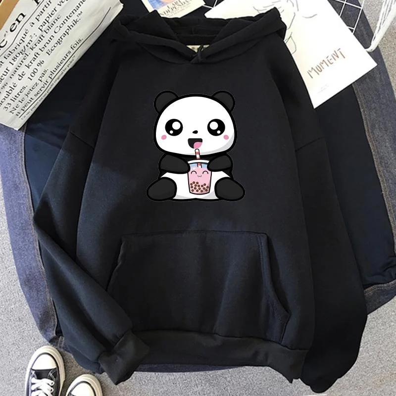 Cute Panda Drinking Pearl Milk Tea Pattern Printed Sweatshirt Women's Kawaii Panda Harajuku Outdoor Casual Hoodie Top