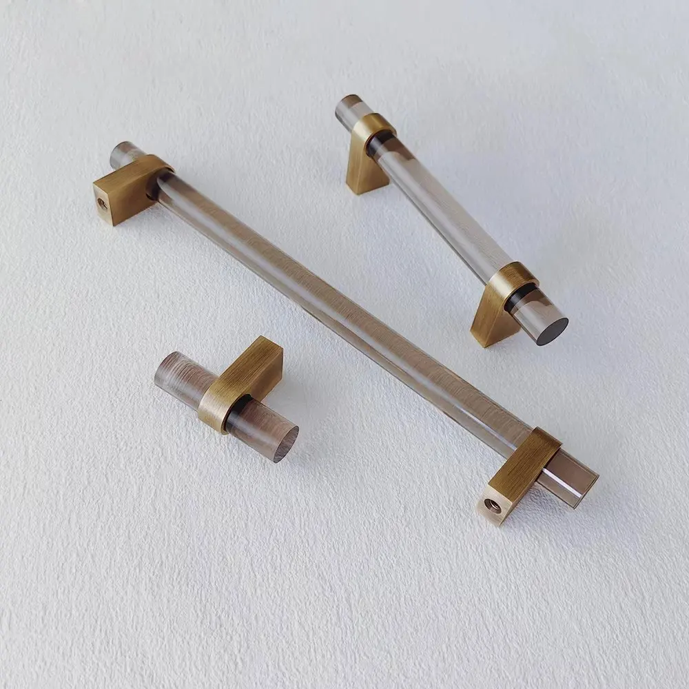 Smoky Gray Transparent Acrylic Kitchen Cabinet Handles Brass T Bar Cupboard Wardrobe Pulls Antique Bronze Funiture Hardware