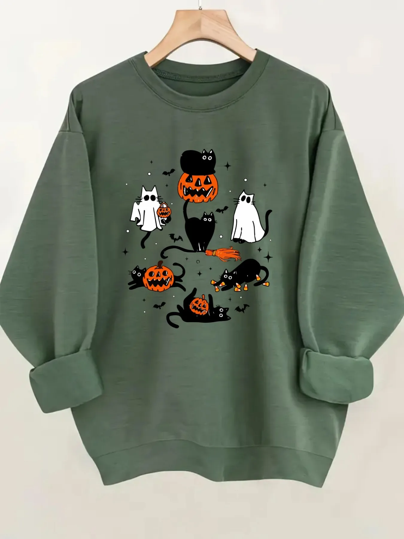 Women's Crew Neck Pullover Sweatshirt Halloween Cat Print Design, Soft Casual Long Sleeve, Daily Casual Top Outfit, Winter Women's Clothing, Halloween Costume Outfit