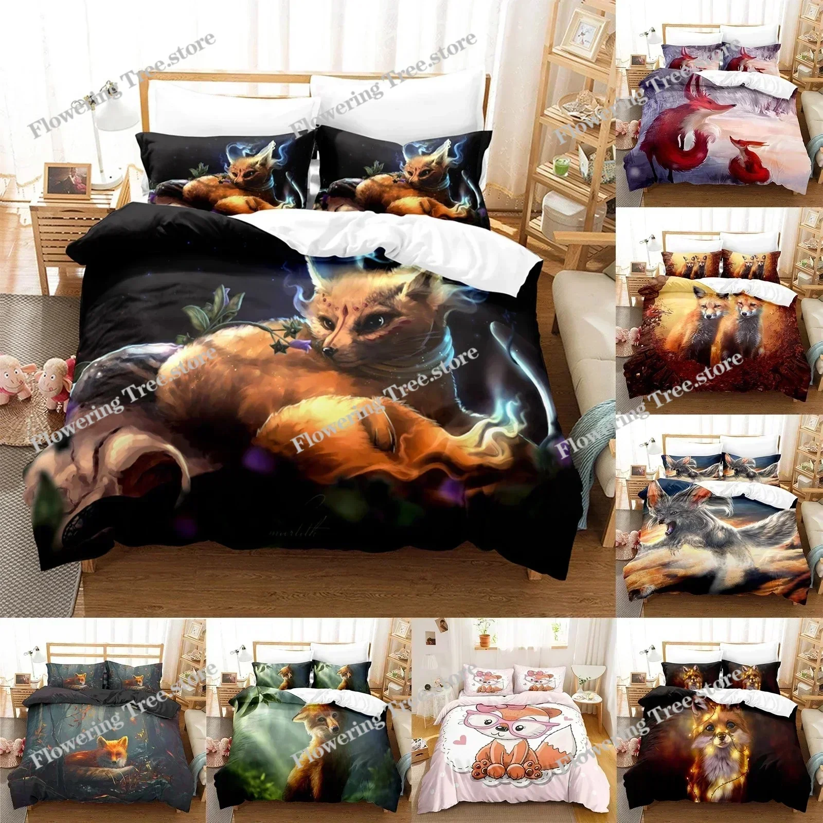 Bedding Decor Cartoon Fox Bedding Set Cute Fox with Flower Feather Headband Duvet Cover Twin Full Queen King Polyester Duvet Cov