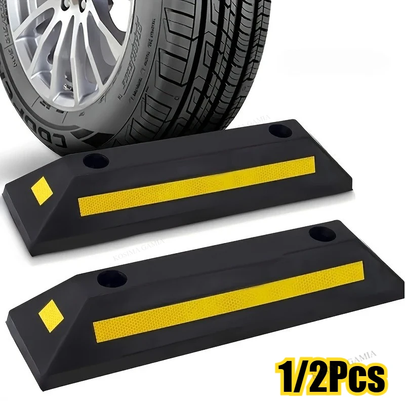 1/2PCS Heavy Duty Rubber Car Wheel Stoppers with Yellow Warning Strips Universal Fit for All Vehicles Garage Parking Aid