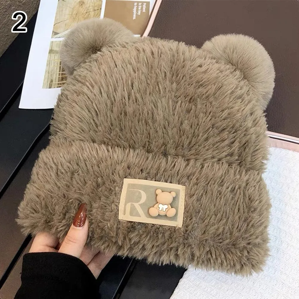 

New Ear Protection Plush Hat Wool Cute Bear Beanie Hat Large Head Circumference Warm Skullcap