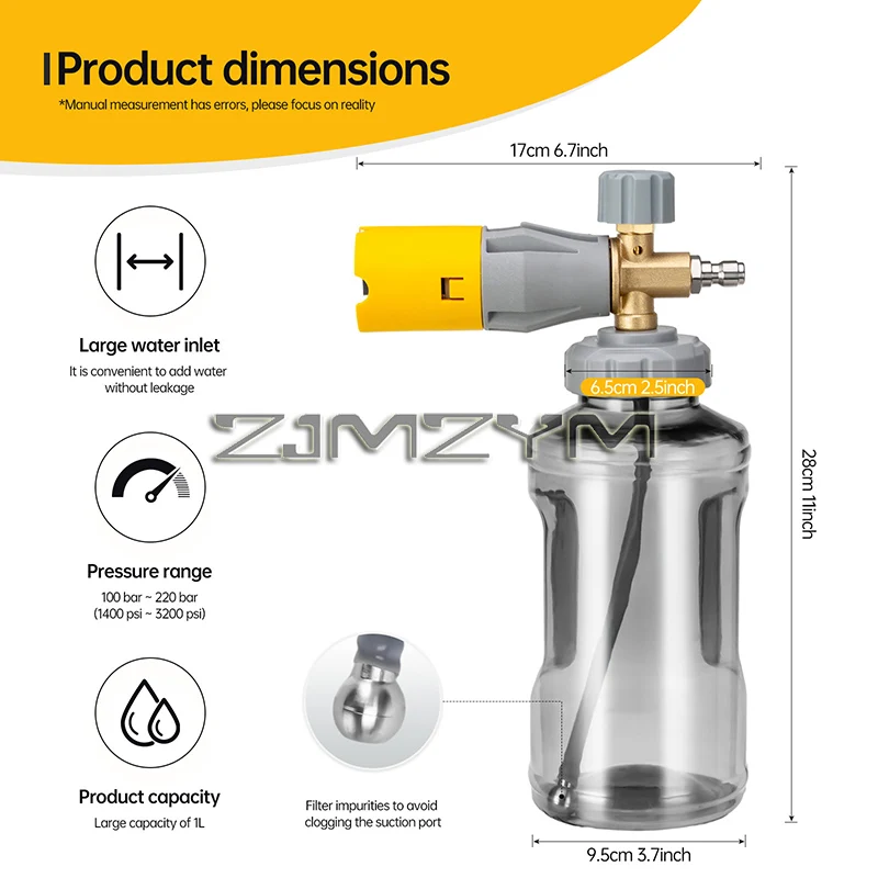 1L Foam Spray Gun With Brass Body Pressure Washer Jet Wash Quick Release Adjustable Nozzle 1/4 Inch Male Fitting Foam Dispenser
