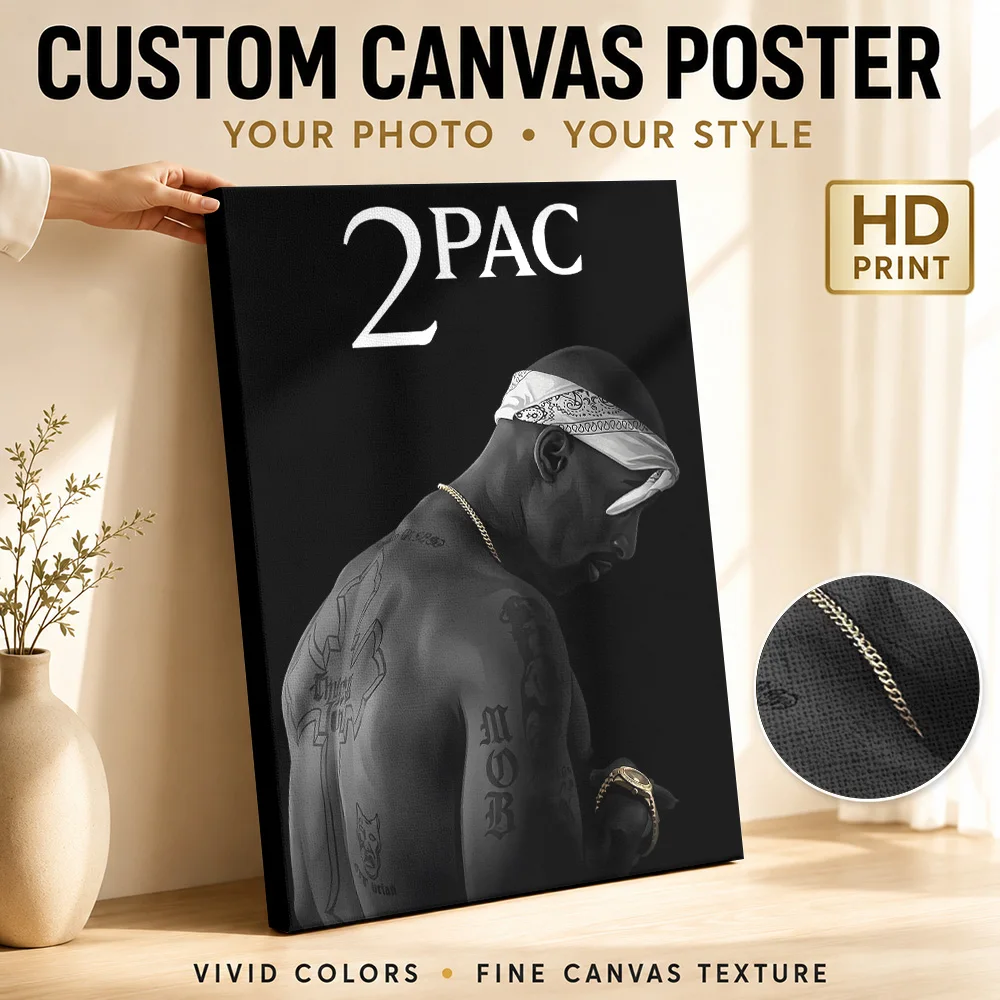 2Pac Tupac Shakur Digital Portrait Framed Canvas Print Poster Personalized Photo Retro Music Canvas Wall Art for Bedroom Decor