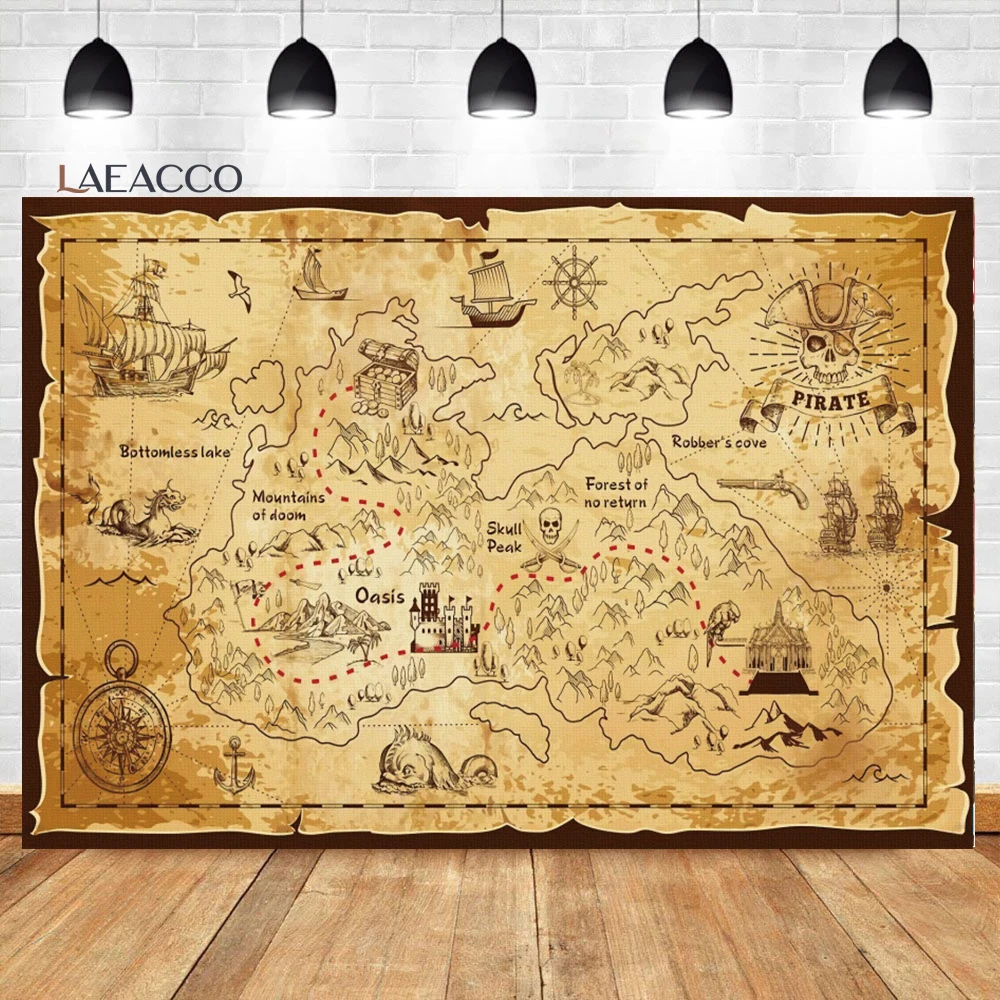 Barco Pirata Calavera isla mapa Grunge antiguo, navegación temática, fiesta de cumpleaños, fotófono, fondos de fotografía, accesorios de fotografía