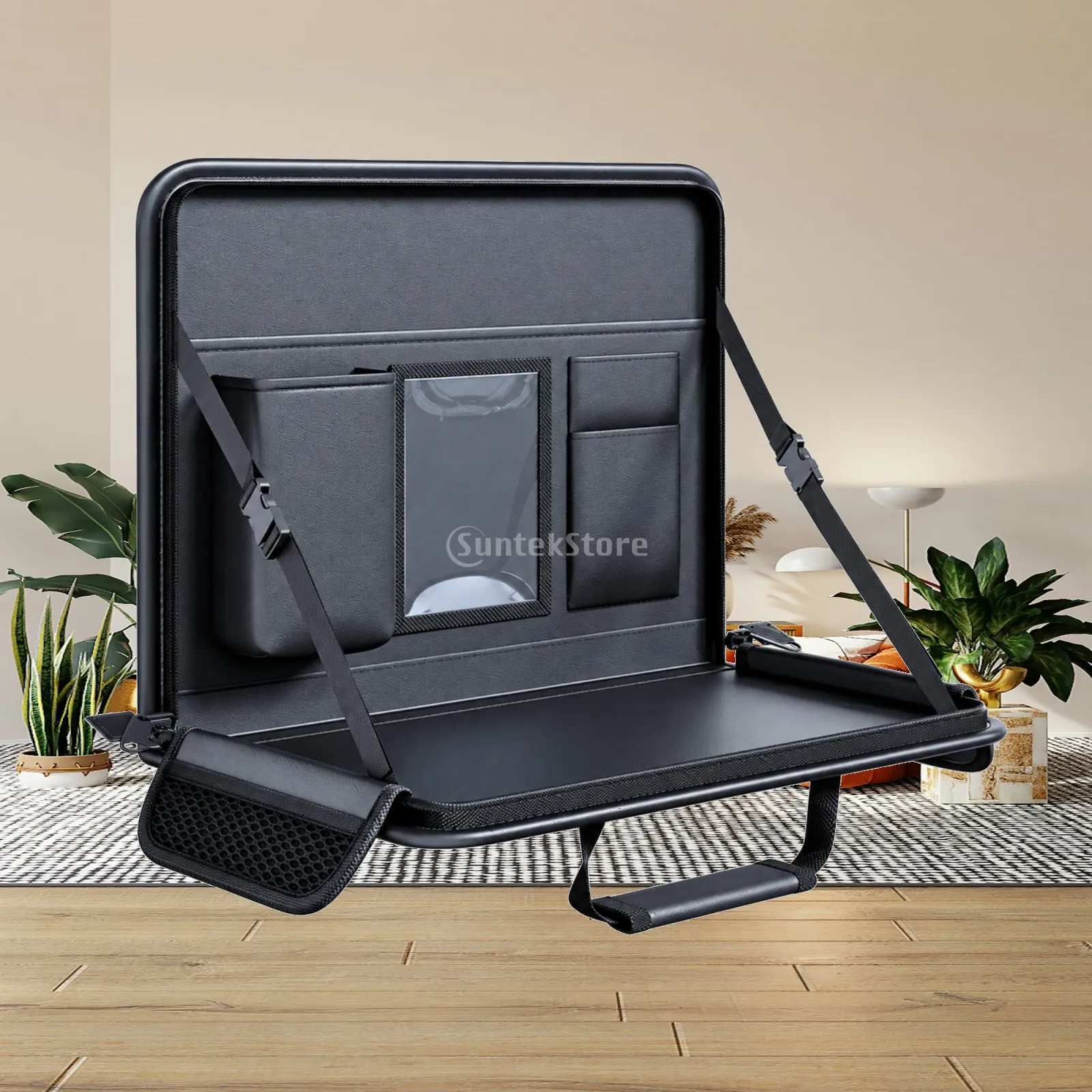 Folding Car Desk Board for Steering Wheel Leather Sponge Tray with Storage Pockets Phone Slot for Laptop Meal Break