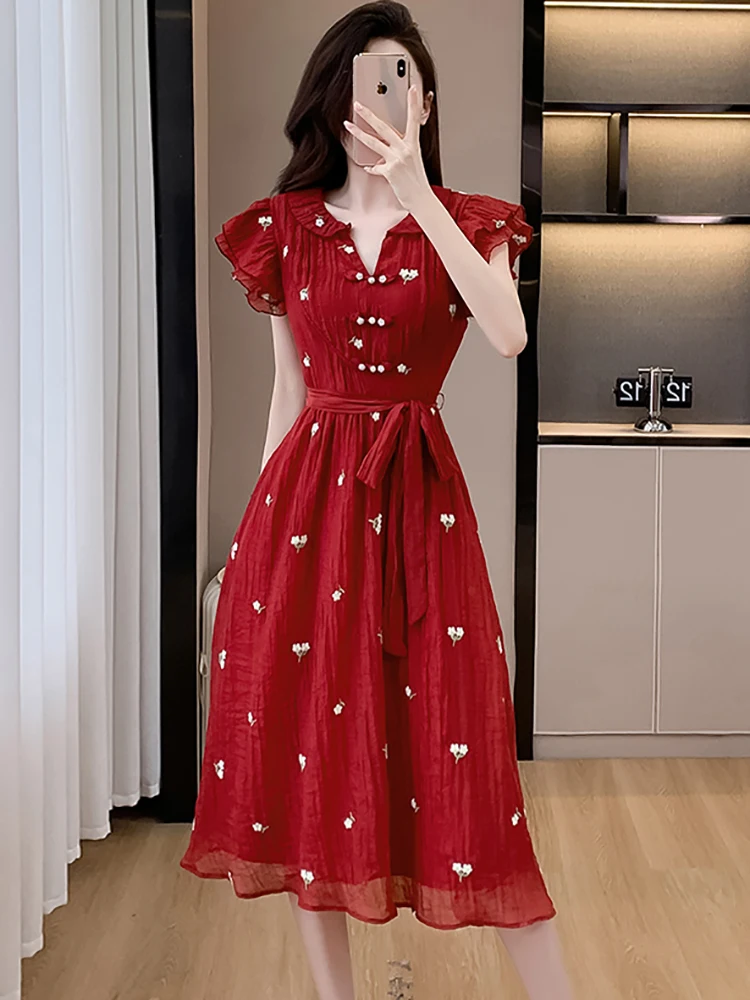 

Summer Red Jacquard Floral Chic Bow Bandage Long Dress Women Elegant Flying Sleeve Casual Dress 2025 Korean Vintage Party Dress