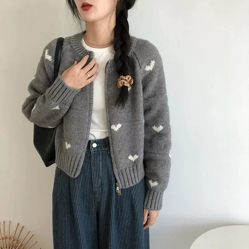 Deeptown White Vintage Women Knit Cardigan Love Embroidery Korean Fashion Long Sleeve Sweaters Slim Autumn Winter Kawaii Sweet