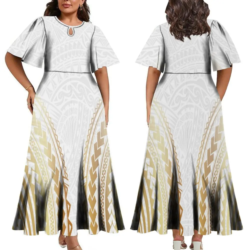 

Summer Polynesian Women's Dress Flared Short Sleeve Puffy Skirt Tailored Long Skirt Dance Dress Banquet Festival Dress 2024