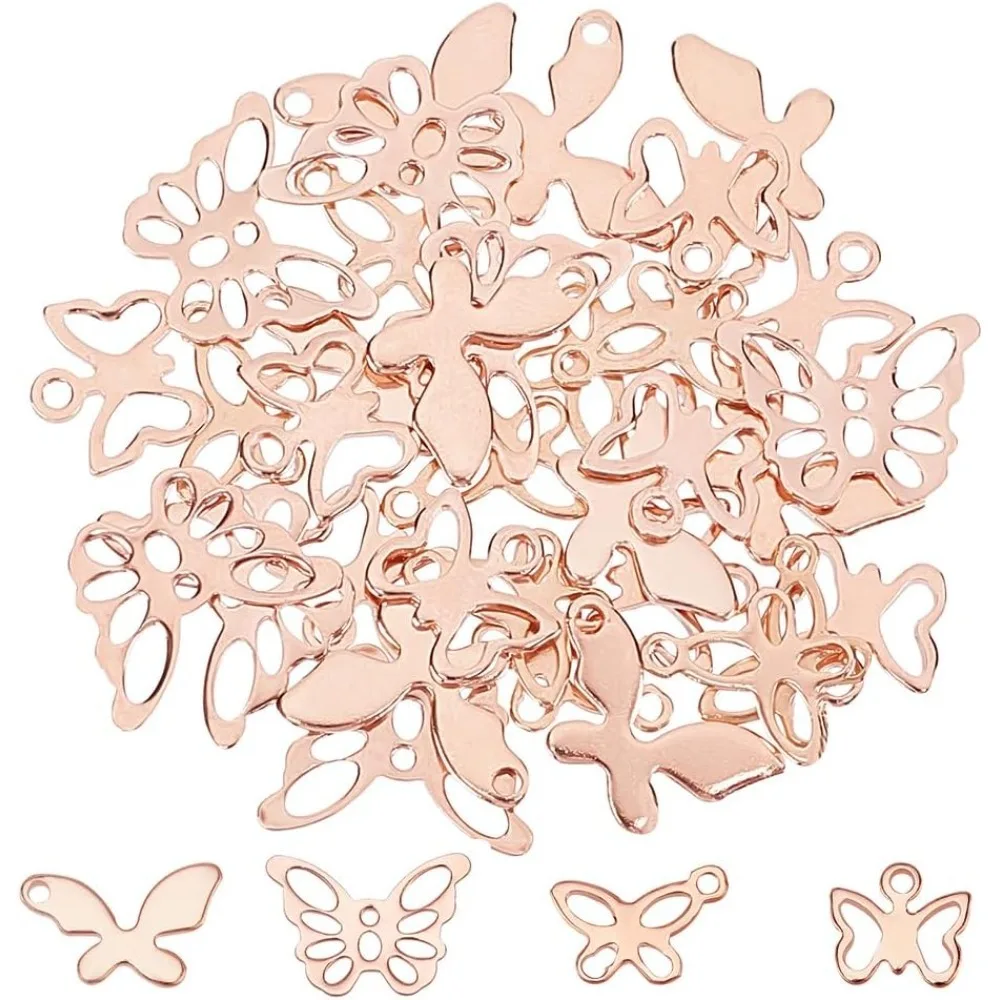 40Pcs 4 Styles Butterfly Charms Stainless Steel Animal Themed Charms Rose Gold Butterfly Shape Hollow Charms Hole: 1~4mm
