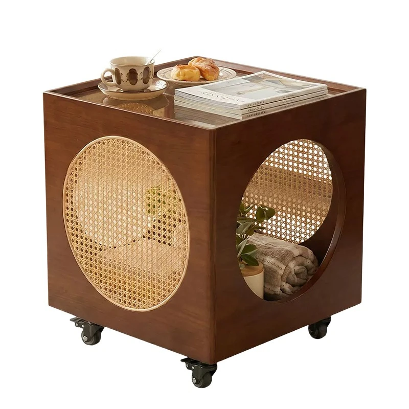 Medieval solid wood small coffee table, movable storage, rattan trolley, bedroom bedside table cabinet