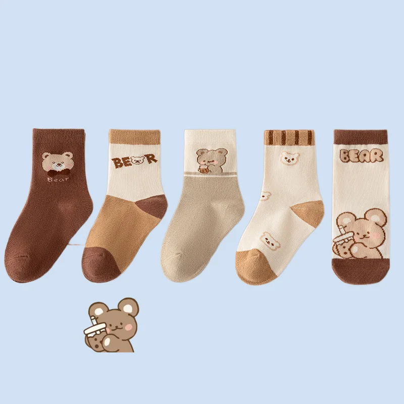 5 Pairs New Cute Cartoon Baby Socks Children's Socks Milk Tea Bear Socks Spring and Summer All-match Boys and Girls Cotton Socks