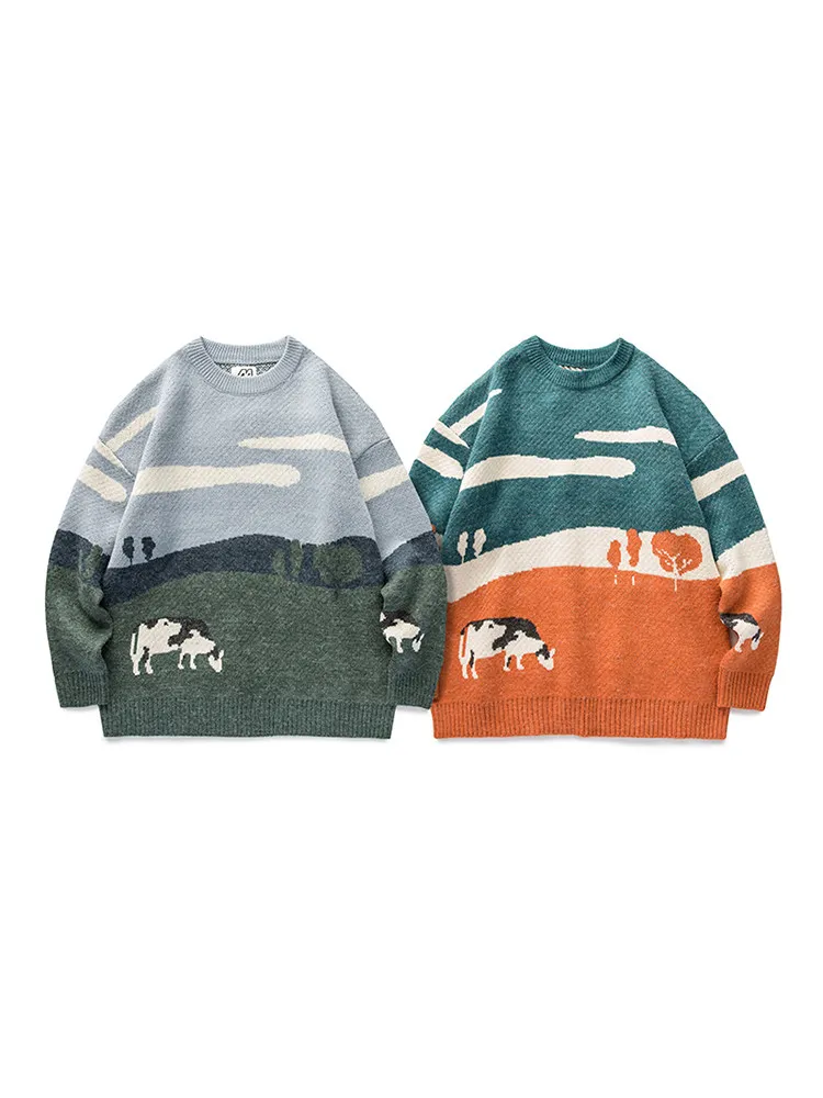 Autumn Winter Japanese Retro Creative Embroidery Pattern Round Neck Green Sweater Loose Casual Daily Men's Orange Sweater