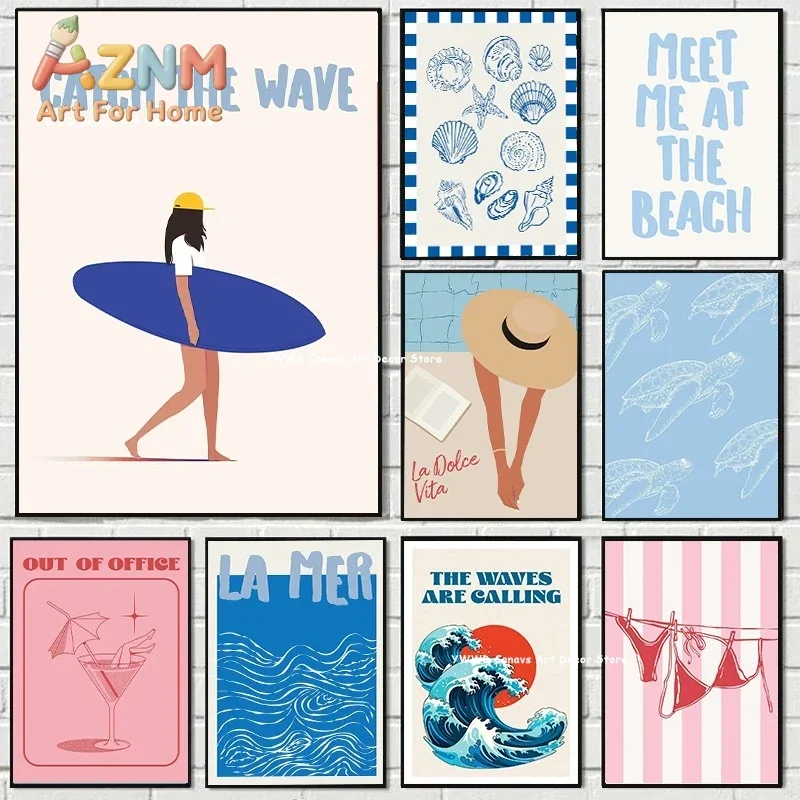 Seashells Meet Me At The Beach Poster Summer Sea Bikini Coastal Quotes Canvas Painting Trendy Wall Art Room for Home Decor Gifts