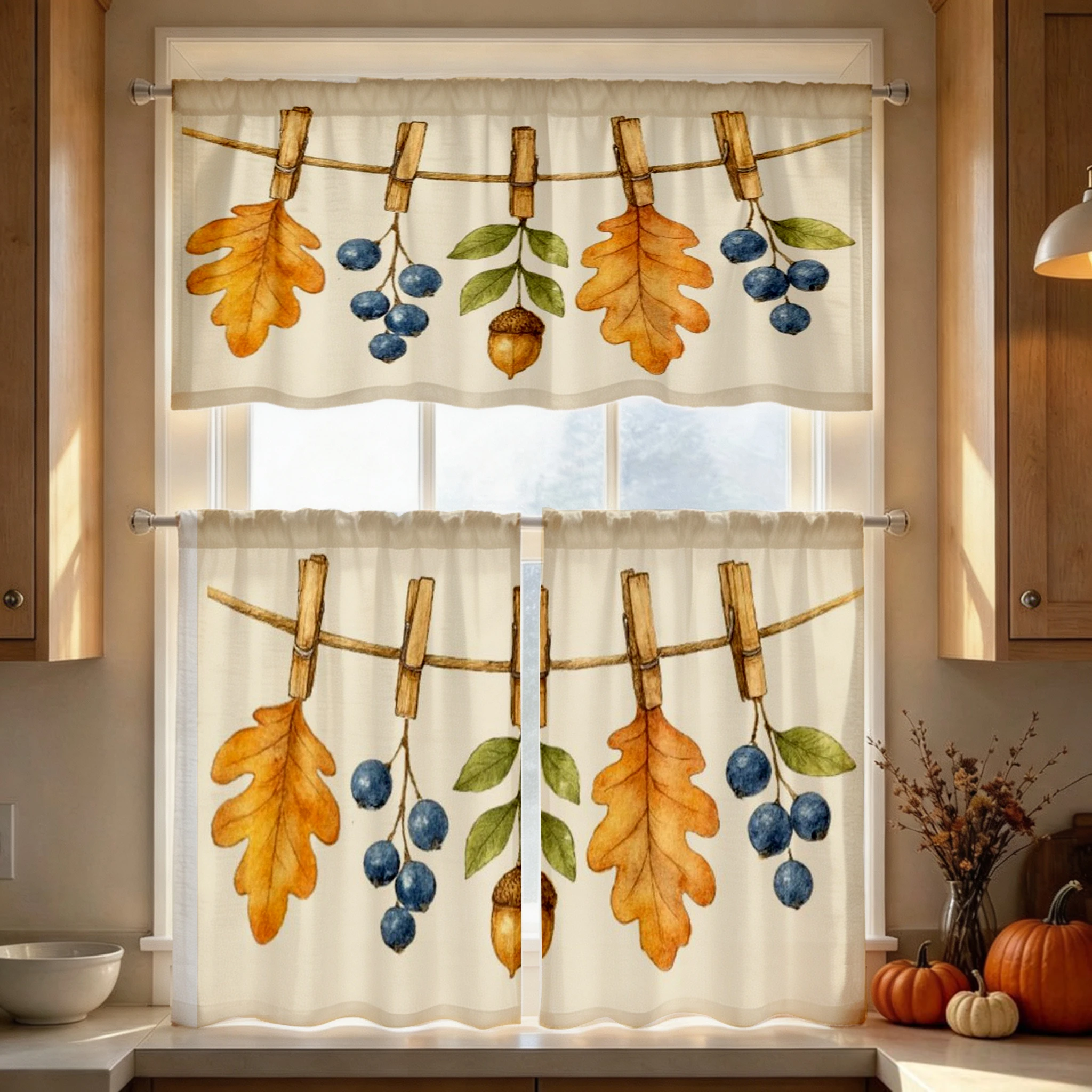 Thanksgiving Fall Kitchen Curtains, Watercolor Acorn Berry, Digital Print, Kitchen Dining Room, Rod Pocket Polyester, Home Decor