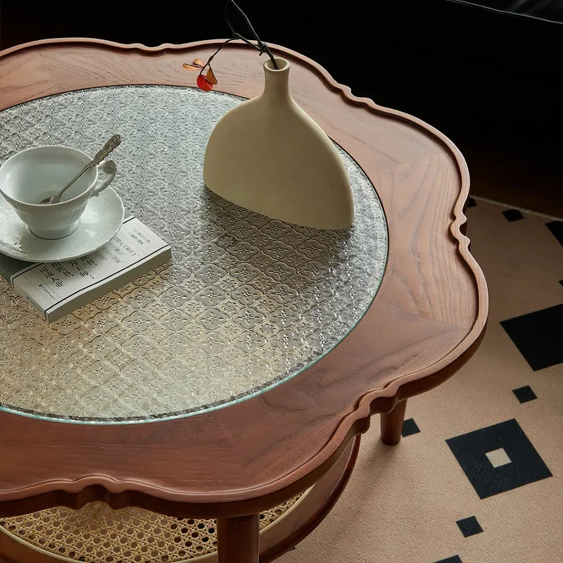 for French Retro Coffee Table Solid Wood Rattan Flower Round Glass Living Room Home Designer Simple Modern Small Apartment