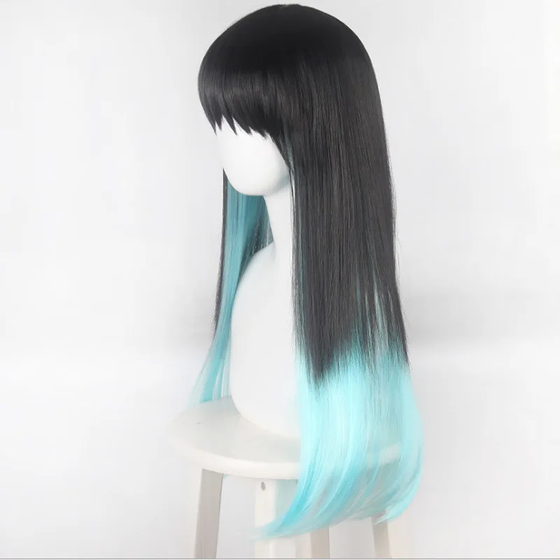 طوكيو مويشيرو قاتل الشيطان شعر مستعار أنيمي ، كيميتسو نو يايبا تأثيري ، التدرج الأسود والأزرق ، شعر مستعار طويل مستقيم ، إعادة الحرارة