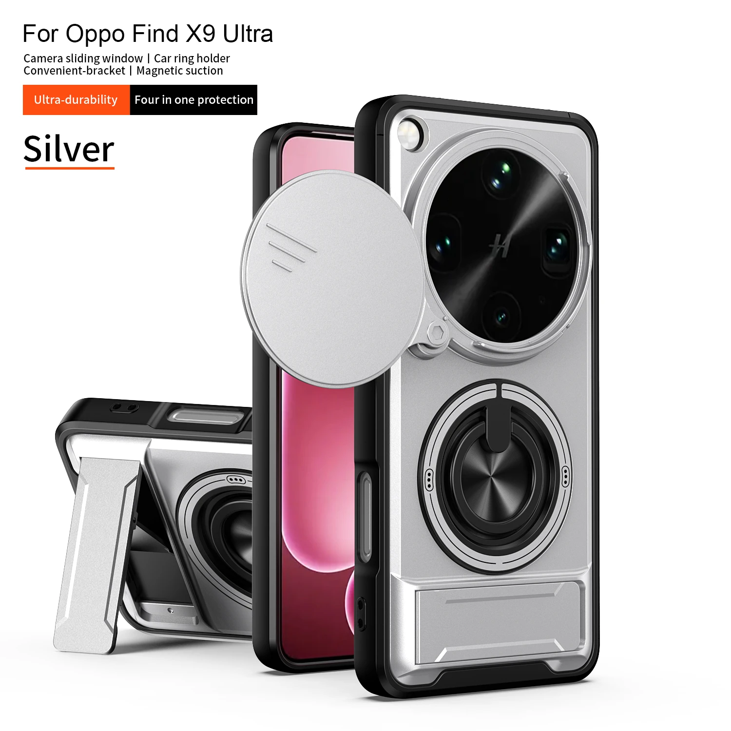 Coque de téléphone antichoc Armor pour Oppo Find X9 Ultra, avec capot coulissant pour caméra, anneau magnétique intégré et béquille de protection