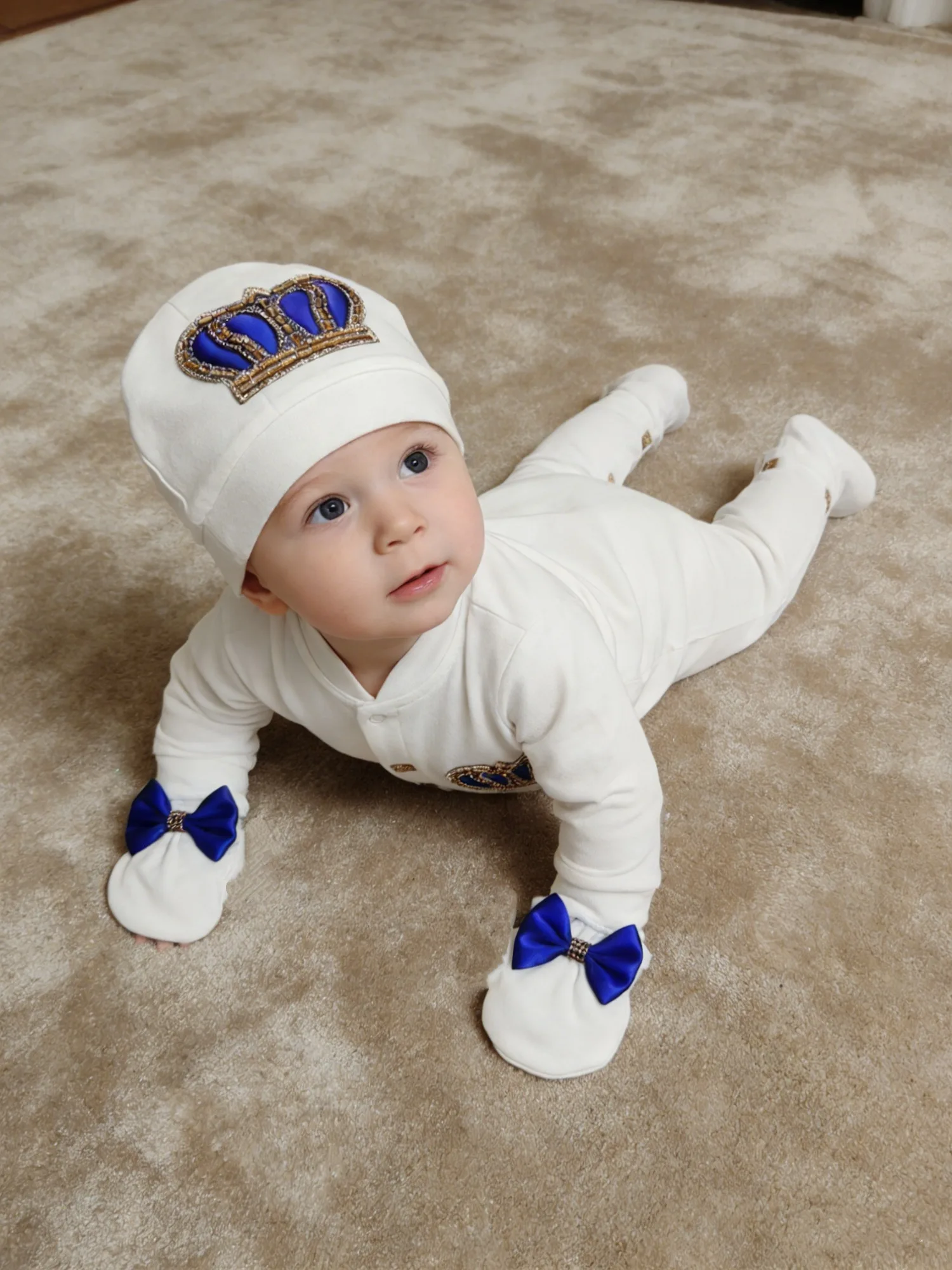 Baby Boy Blue Gold Crown Set - Onesie Hat Mittens with Rhinestone & Bow