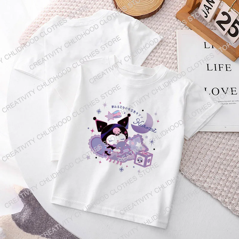 Sanrio Kuromi-Camiseta de Hello Kitty Y2K para niños, ropa Kawaii de dibujos animados, camisetas informales de moda para niños y niñas