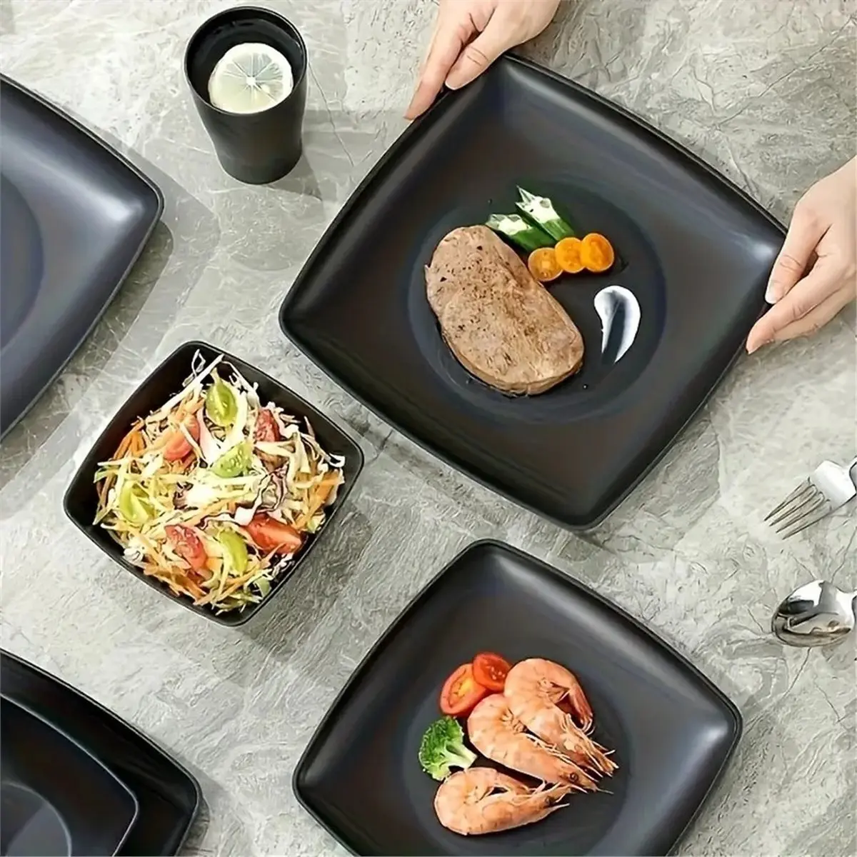 RECOMMENDATION  16 Piece Square Steak Plate Salad Bowl Tableware Set, Square Plate Bowl Cup, Environmentally Friendly and