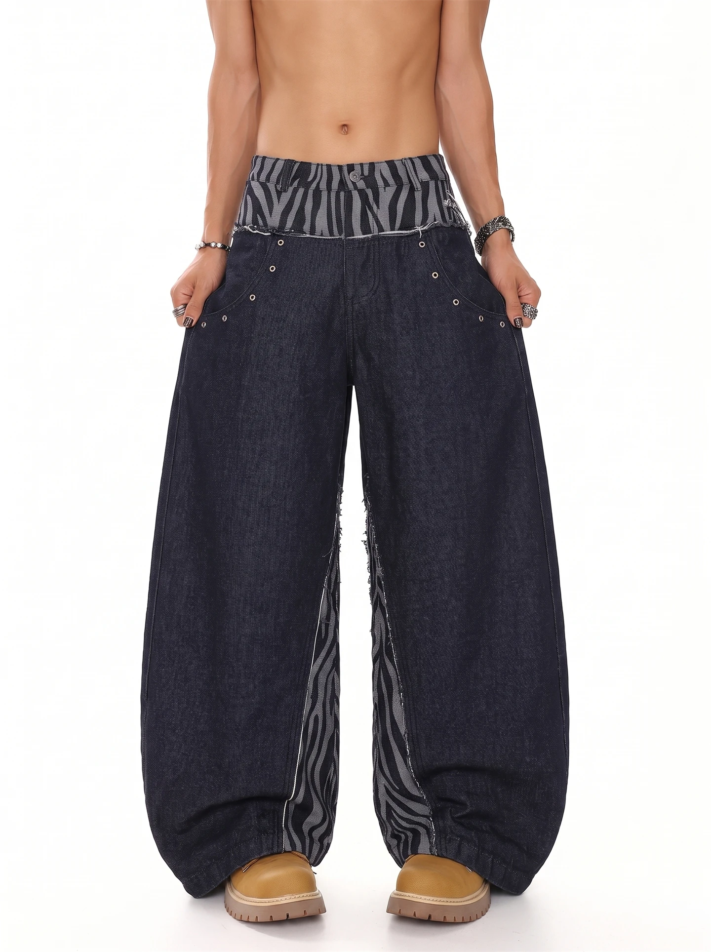 Retro American High Street Splicing Zebra Pattern Deconstructed Double Waist Head Wide Leg Jeans Youthful Popular Casual Wear