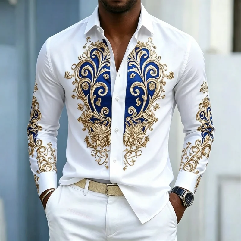 Chemise pour homme, haut à manches longues de style palais, luxe léger, design contrastant bleu et or, vêtements décontractés pour homme
