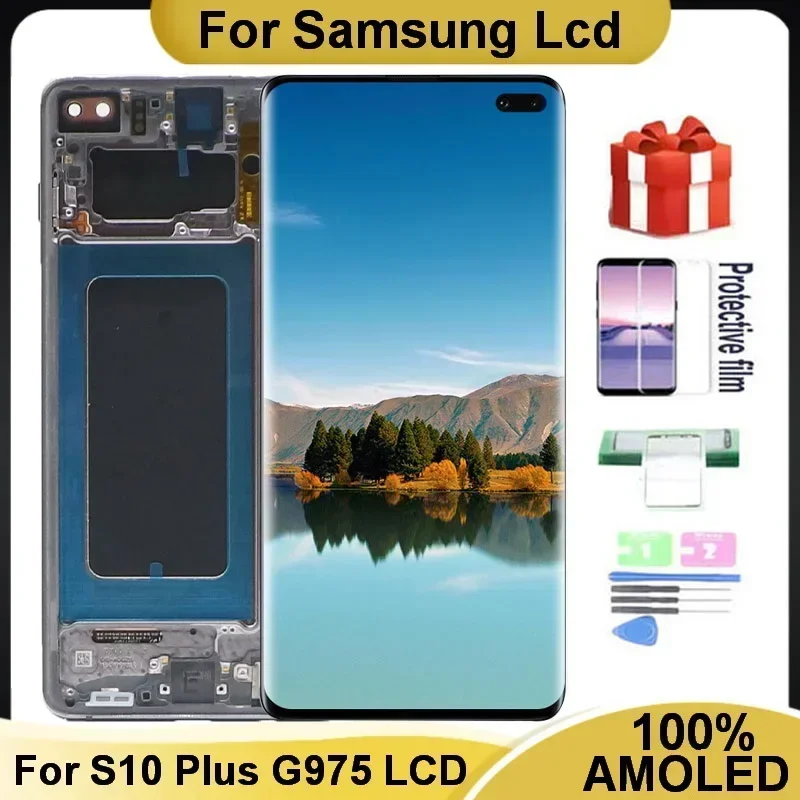 100% 6.4\'\' AMOLED S10+ LCD For SAMSUNG Galaxy S10 Plus G9750 G975F G975DS Display Touch Screen Digitizer Replacement with Frame