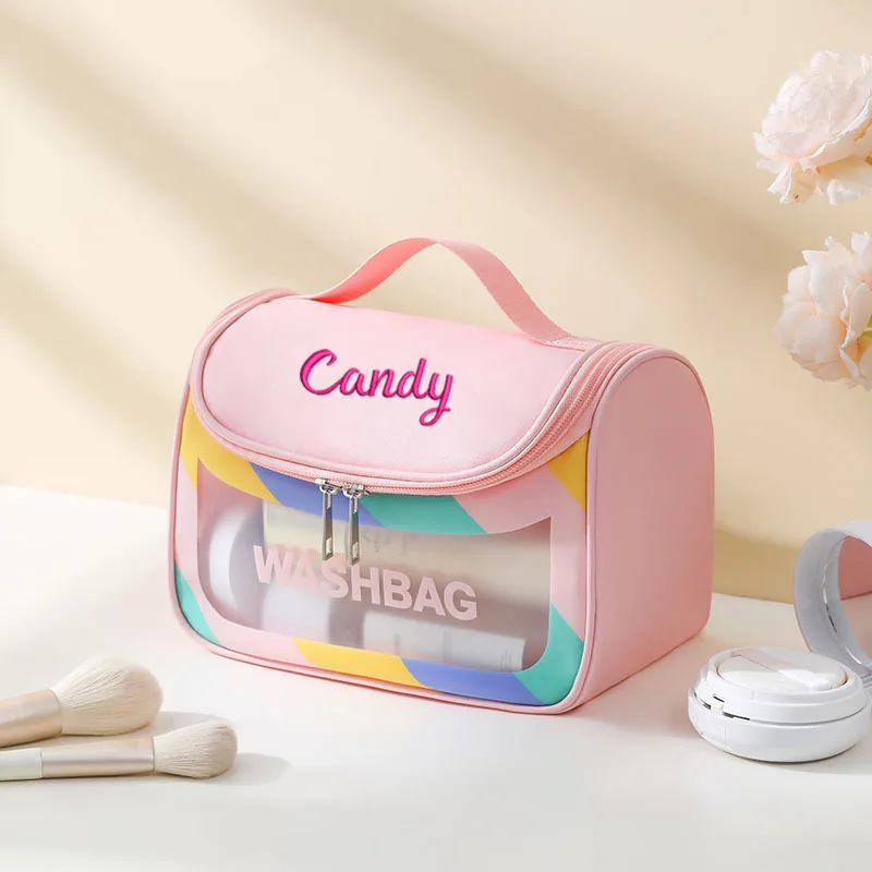 New Arrival PU+PVC Translucent Makeup Bag Women's Personalized Name Portable Travel Wash Bag Waterproof Cosmetic Bag Storage Bag