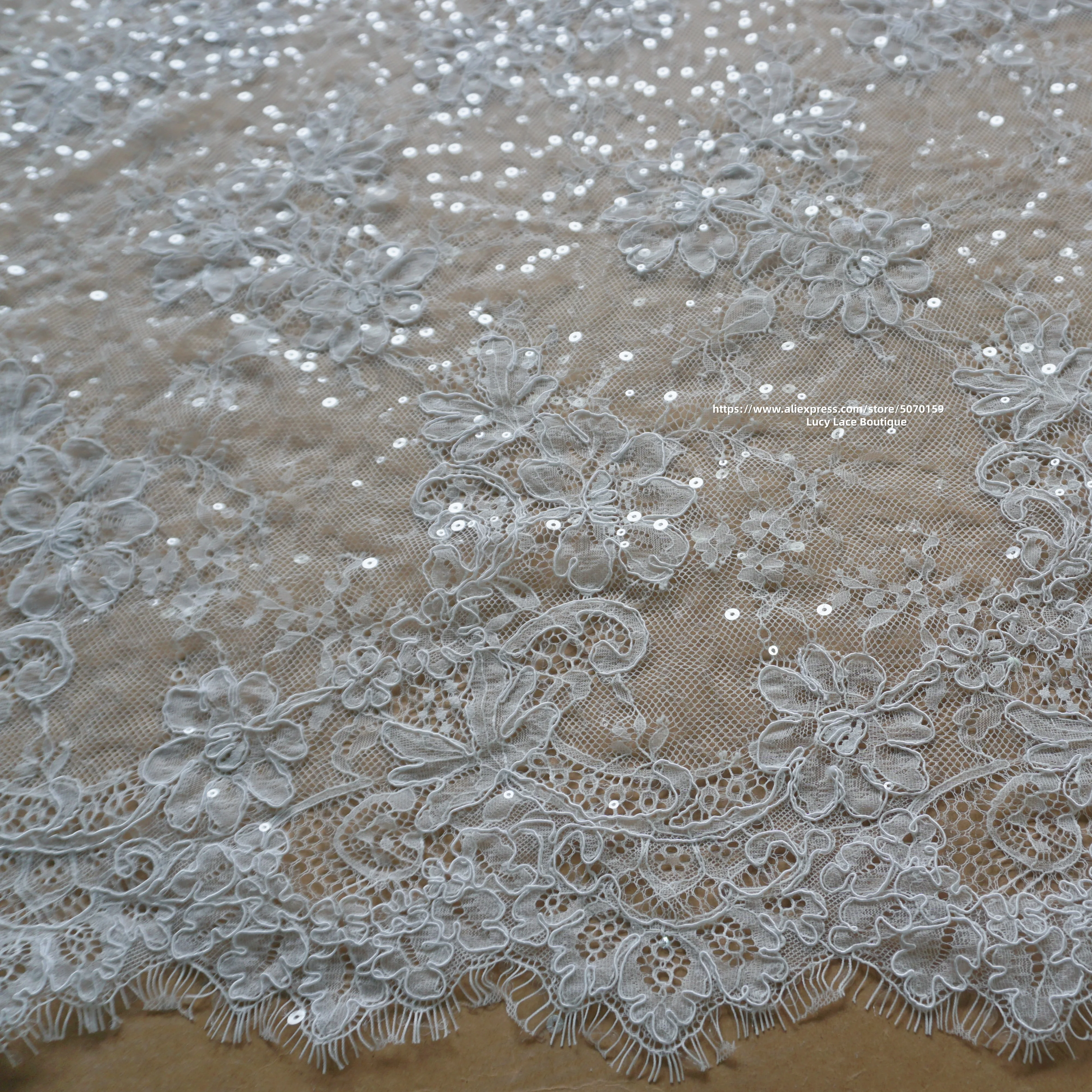 Clear Sequins Eyelash French Lace Cord Lace Fabric 1.4M Wide Super Sparkle Wedding Gowns Dresses Material 3M Price Off White