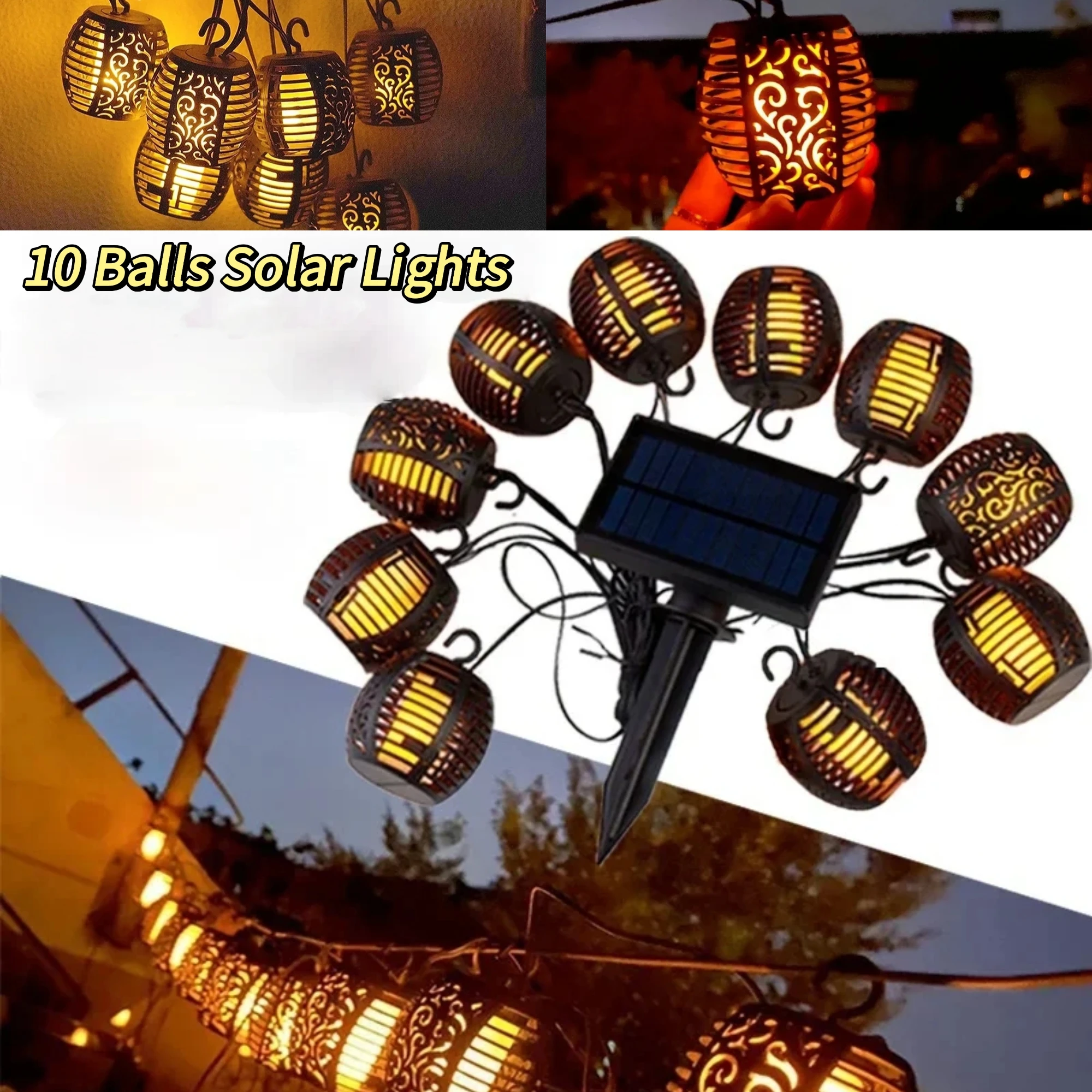 

10 LED Balls Solar Lights with Flickering Flame Outdoor Solar String Lights Waterproof Decorative Hanging Patio Lights