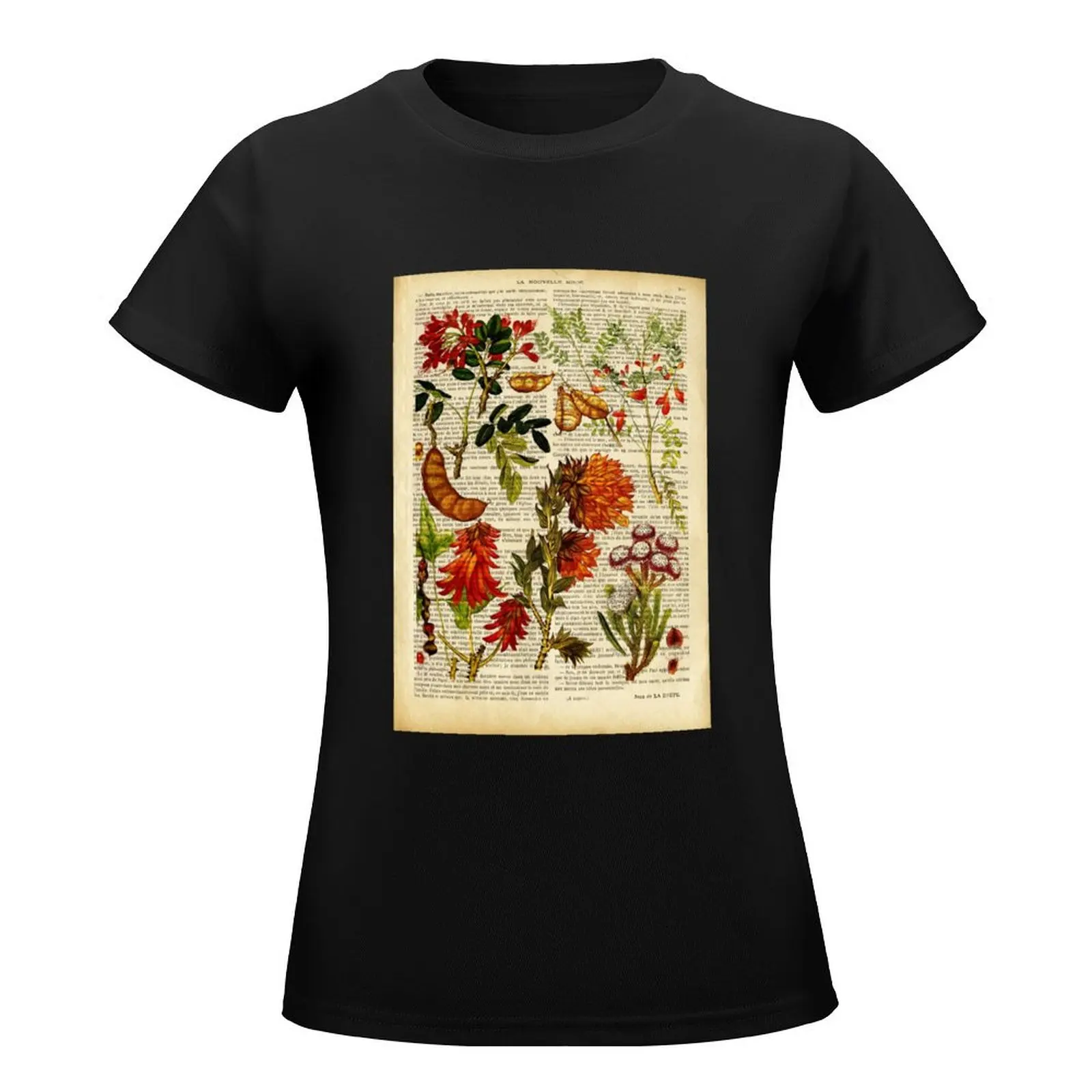 Botanical print, on old book page - garden flowers T-Shirt customs plus sizes Short sleeve tee Woman T-shirts