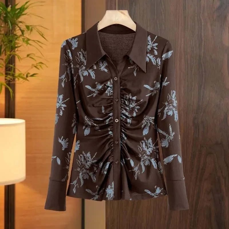 

Женская коричневая блузка с цветочным принтом, приталенная, с длинным рукавом, на пуговицах, элегантная офисная рубашка с эластичной вставкой