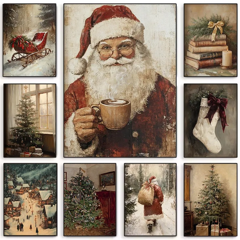 Vintage Style Santa Claus in Winter Forest Christmas Tree Cozy Holiday Poster Canvas Painting Wall Art Pictures Home Decor