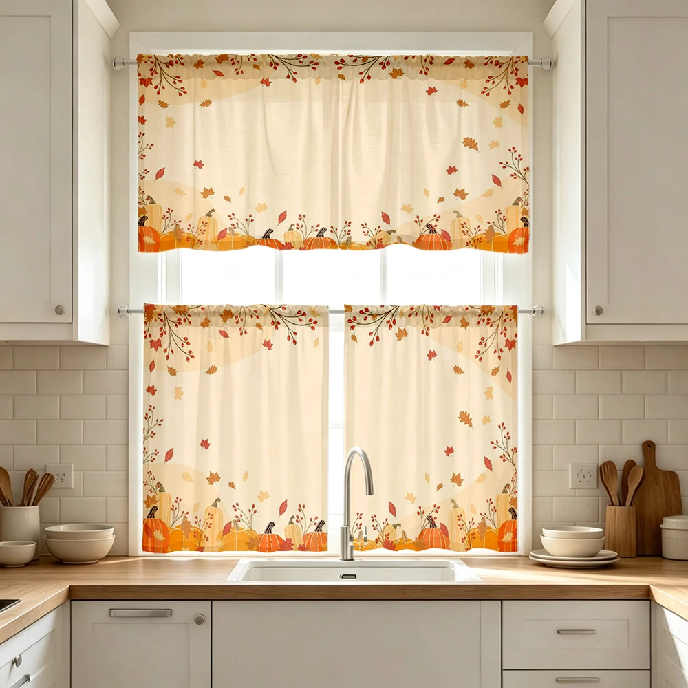 Thanksgiving Fall Kitchen Curtains, Mini Pumpkin, Digital Print, Kitchen Dining Room, Rod Pocket Polyester, Home Decor