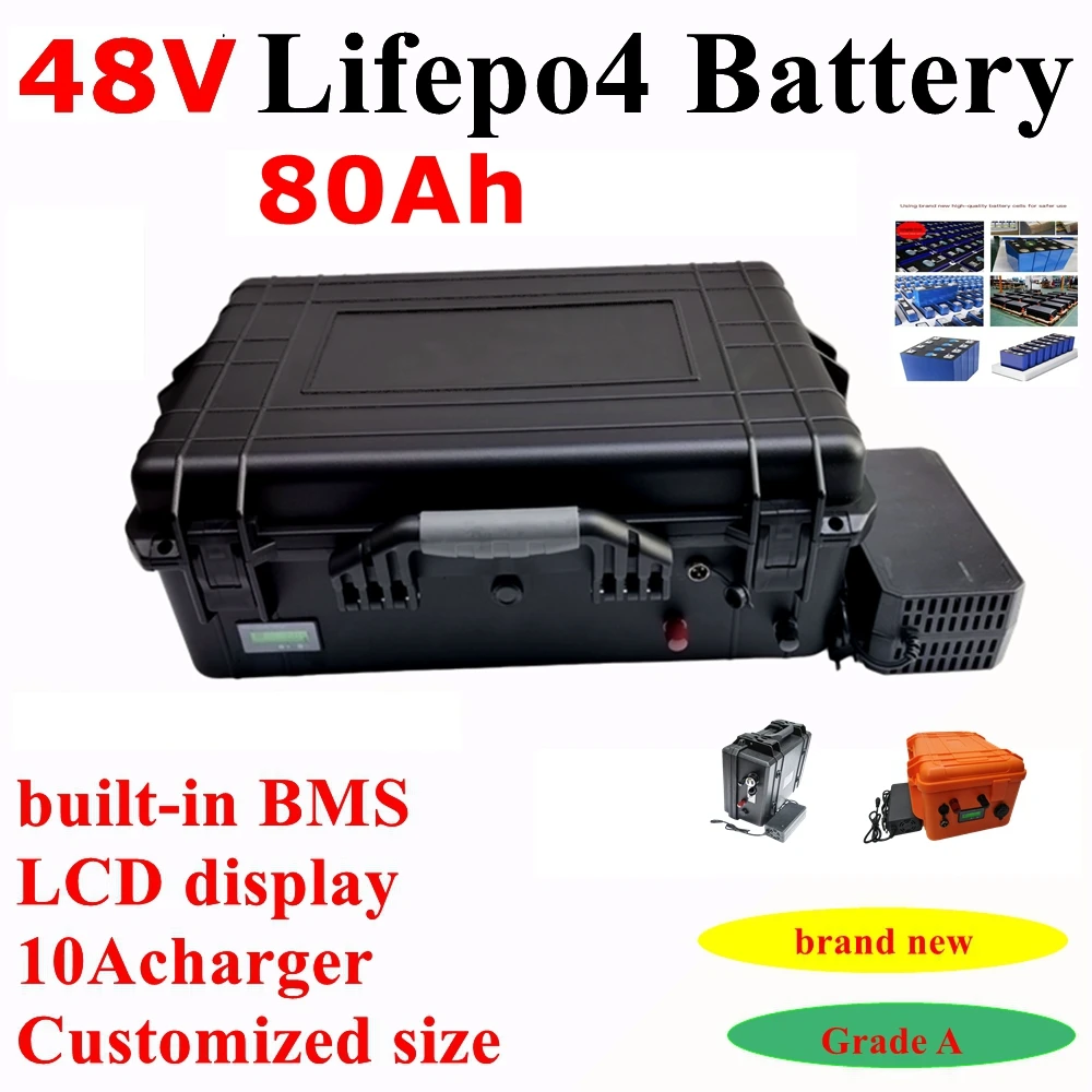 Batterie au lithium pour système solaire et moteur de bateau, batterie VeFePO4, chargeur 10A, 48V, 80Ah