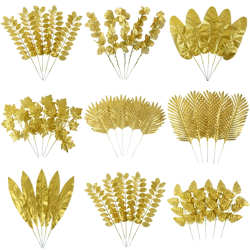 5Pcs Golden Artificial Plants Leaf Eucalypt Palm Branch Fake Plant For Wedding Table Decoration Home Decor Room Christmas Wreath